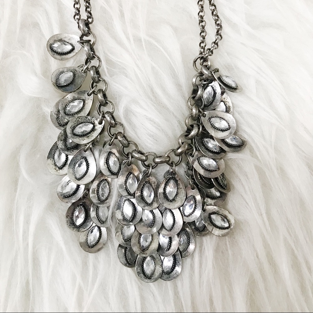 Silver Statement Necklace with White Rhinestones